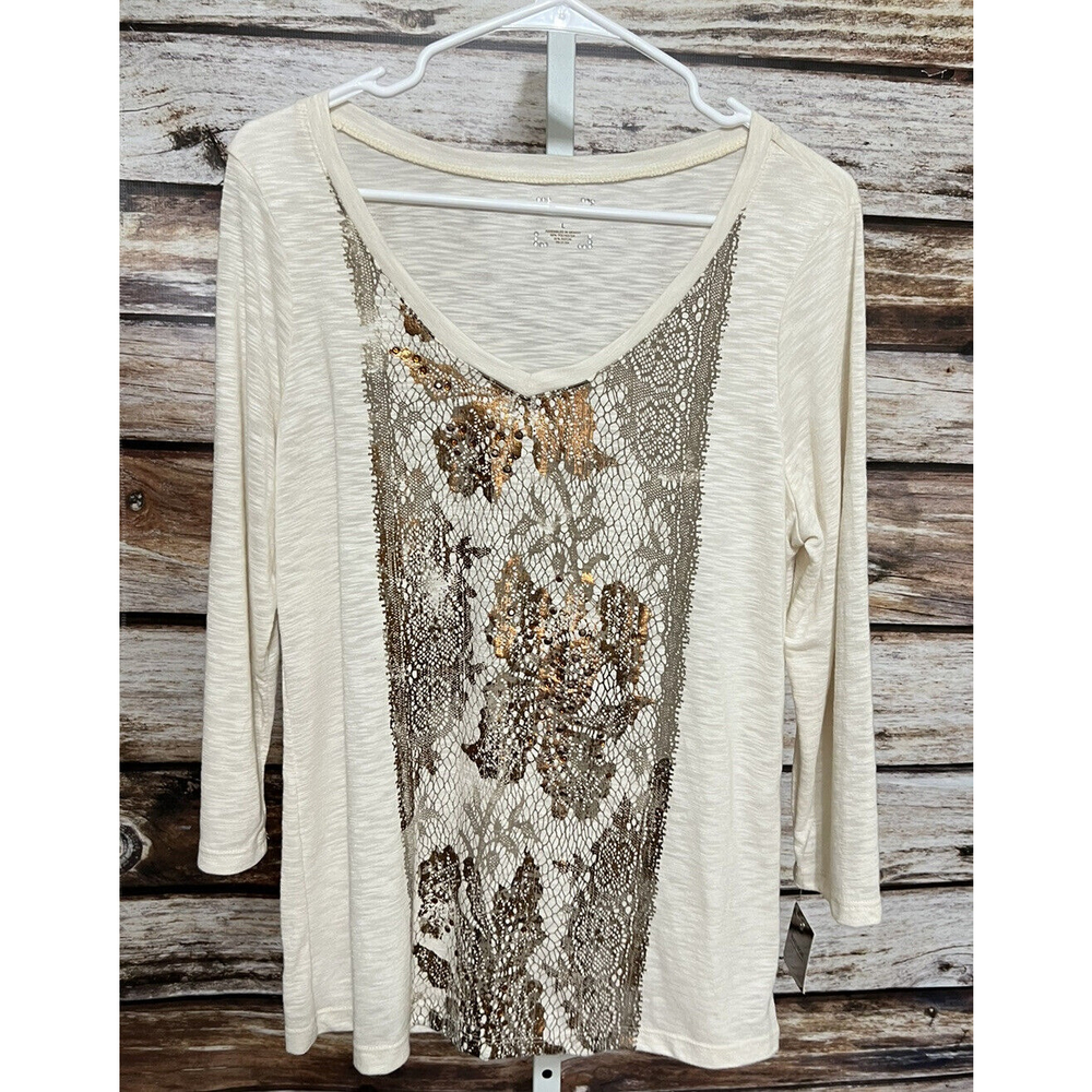 Madison Womens Size Large Cream Sequin Shimmer Top 3/4 Sleeve New